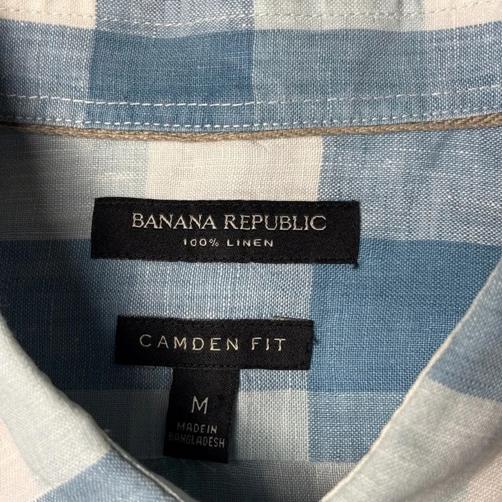 Banana Republic Linen Shirt Mens M Camden Fit Blue Gingham Button-Down Sleeve
